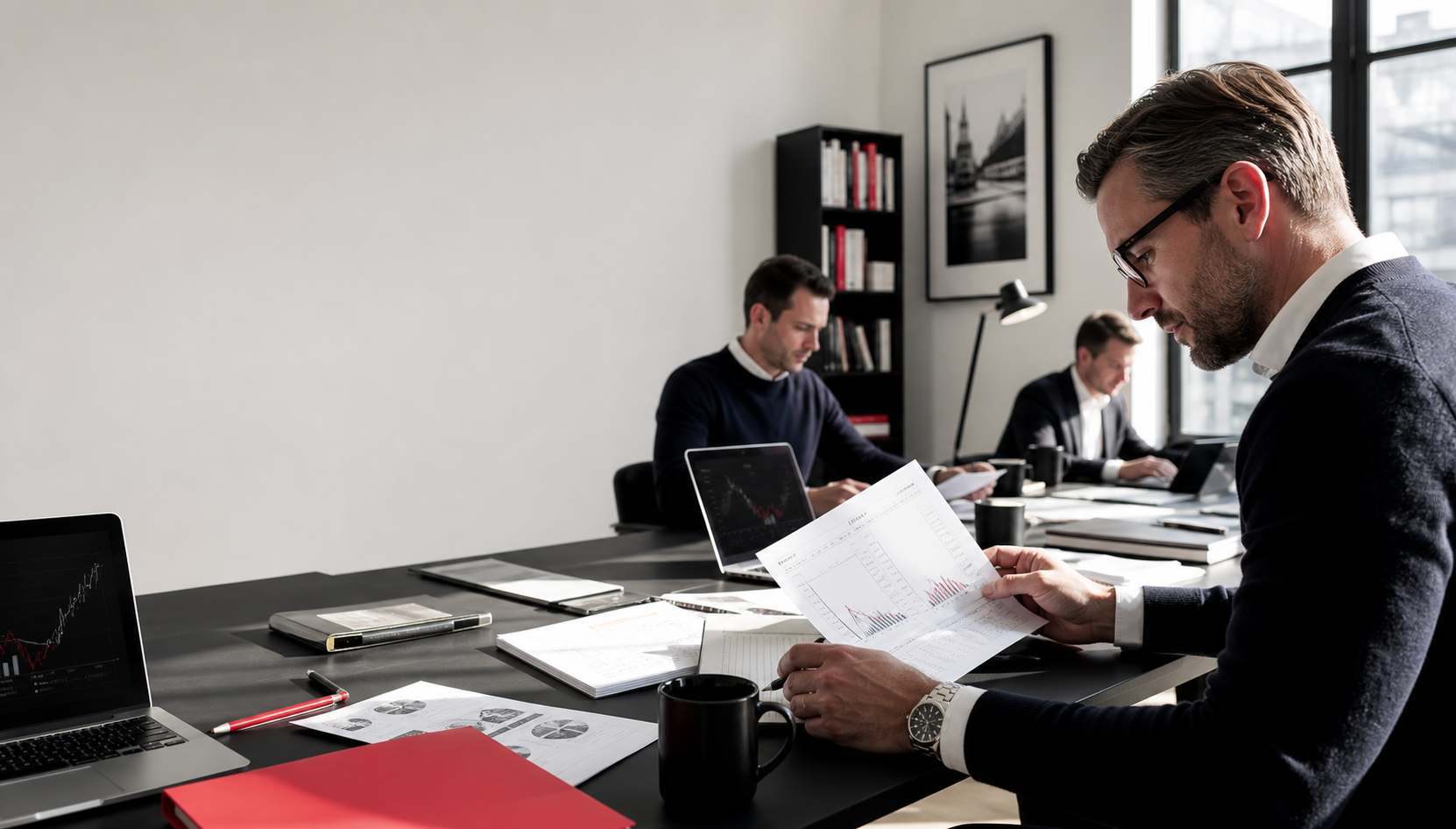 Analysts reviewing financial research in a high-contrast editorial office