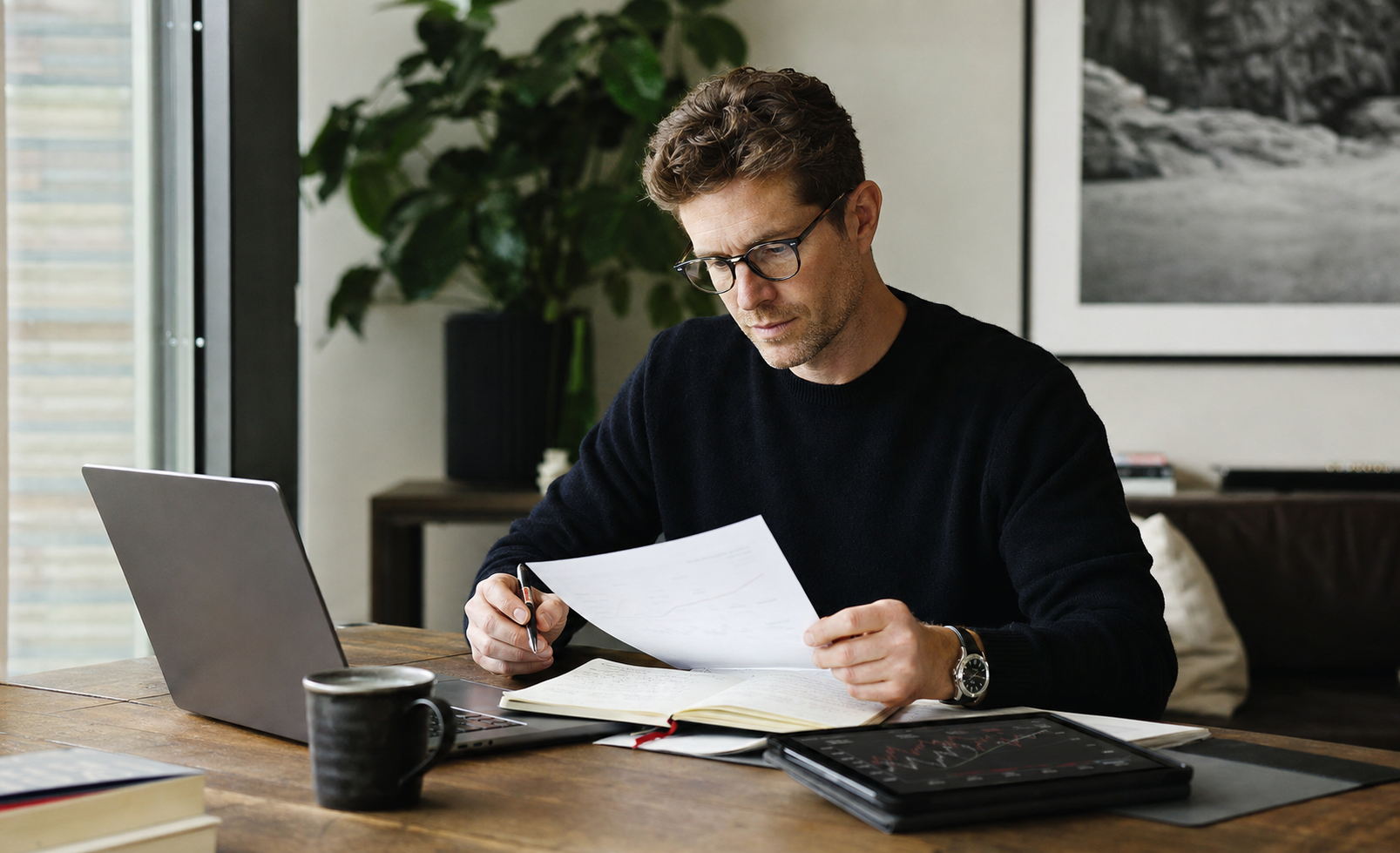 Individual investor reading a market briefing at home