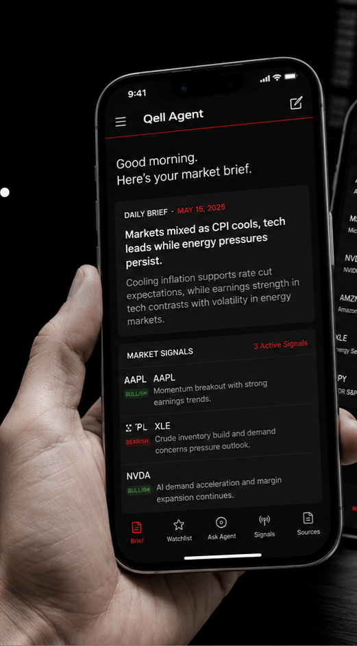 Qell Agent mobile screens showing a daily brief, watchlist, and ask-agent source workflow